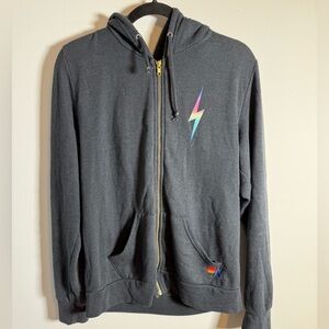 Aviator Nation Charcoal Zip Hoodie Rainbow Lightning Bolt Made USA Medium